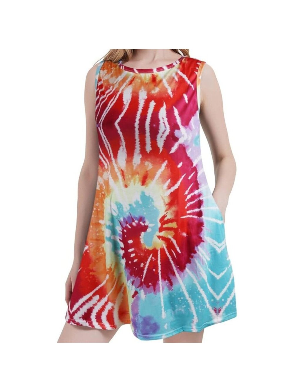 Summer Sundress Beach Floral Sleeveless Pockets Casual Loose Fit Tie Die XXL
